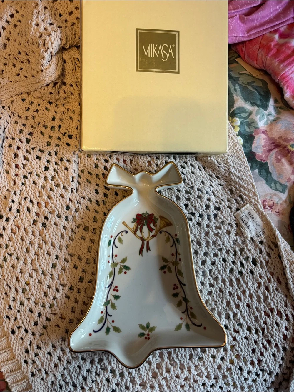 Mikasa White Porcelain Bell Dish with Gold Trim & Holly Motif